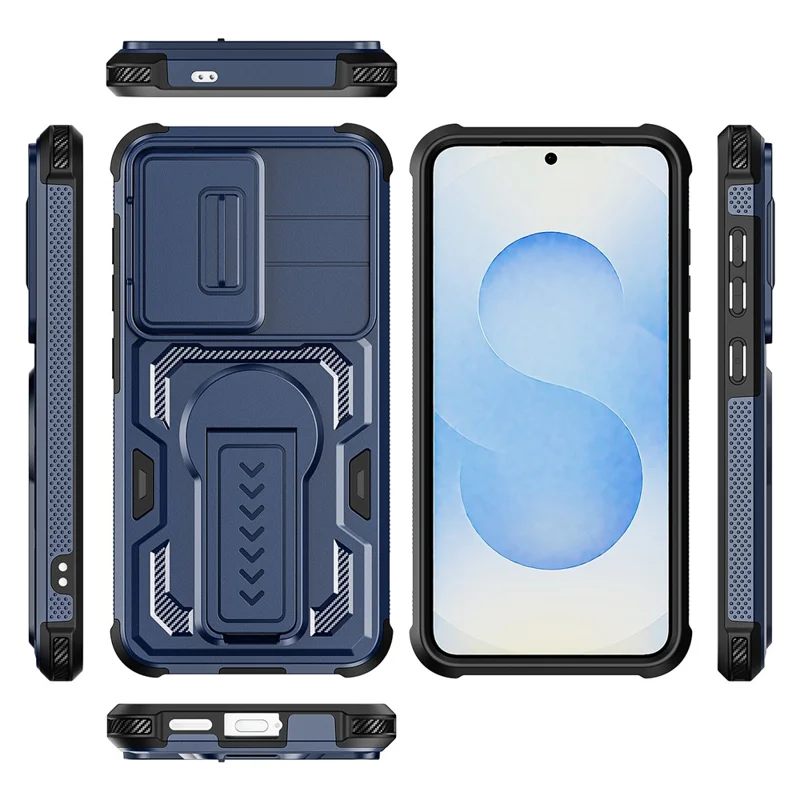 For Samsung Galaxy S25  /  S24 Case Slide Lens Shield PC + TPU Kickstand Phone Cover - Blue