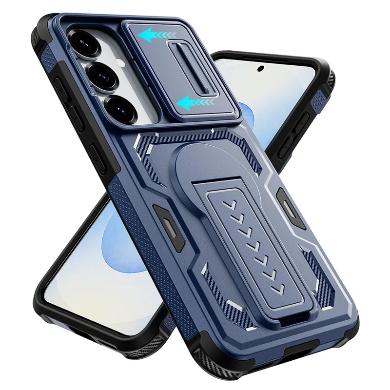 For Samsung Galaxy S25  /  S24 Case Slide Lens Shield PC + TPU Kickstand Phone Cover - Blue