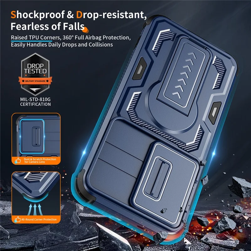 For Samsung Galaxy S25  /  S24 Case Slide Lens Shield PC + TPU Kickstand Phone Cover - Blue