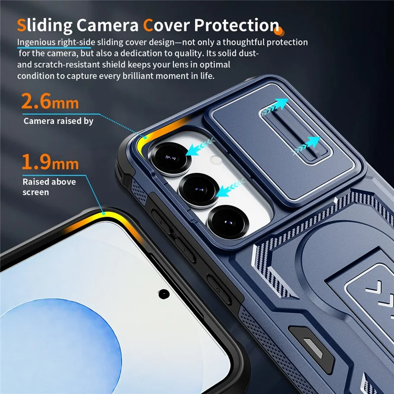 For Samsung Galaxy S25  /  S24 Case Slide Lens Shield PC + TPU Kickstand Phone Cover - Blue