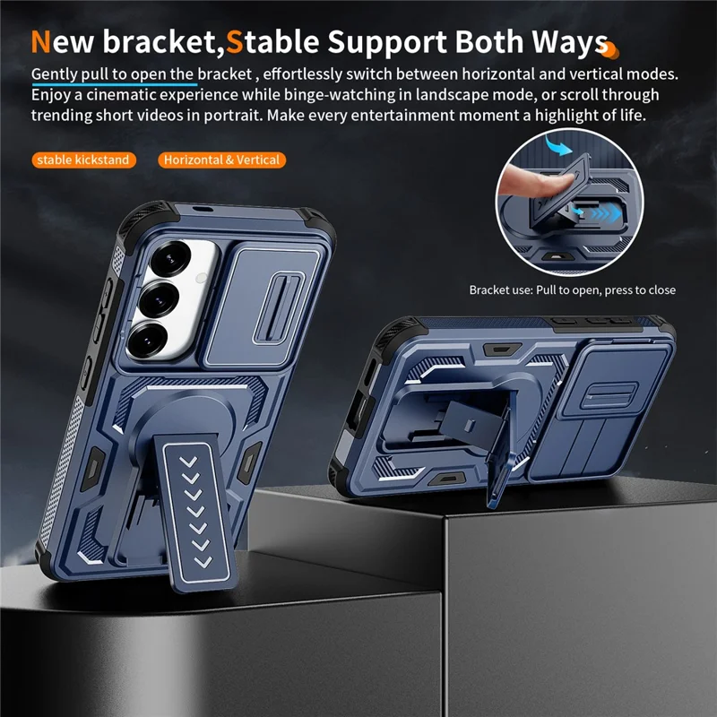 For Samsung Galaxy S25  /  S24 Case Slide Lens Shield PC + TPU Kickstand Phone Cover - Blue