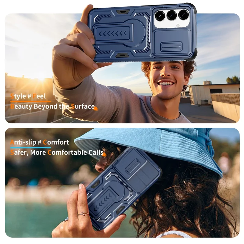 For Samsung Galaxy S25  /  S24 Case Slide Lens Shield PC + TPU Kickstand Phone Cover - Blue