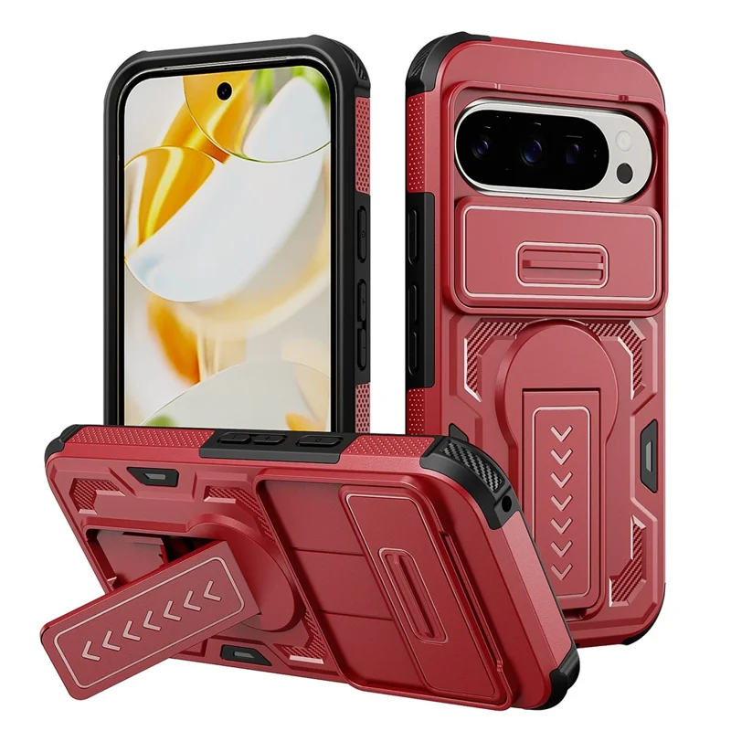 Phone Case For Google Pixel 10 Pro  /  10  /  9 Pro  /  9 Case Slide Lens Shield PC + TPU Kickstand Phone Cover - Red