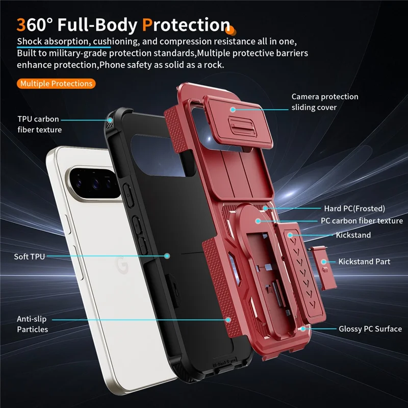 Phone Case For Google Pixel 10 Pro  /  10  /  9 Pro  /  9 Case Slide Lens Shield PC + TPU Kickstand Phone Cover - Red