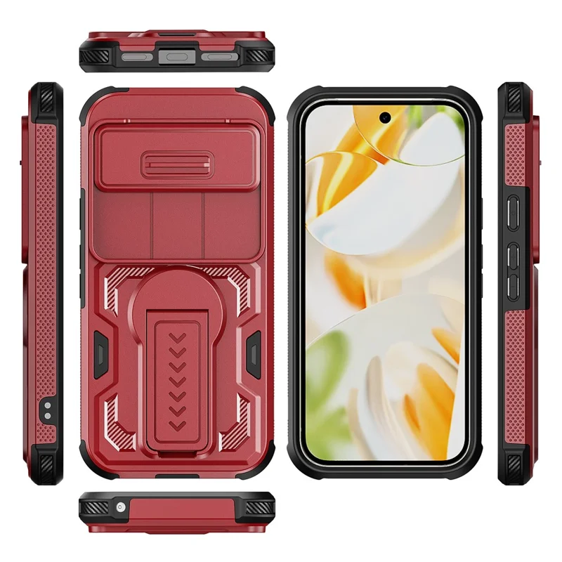 Phone Case For Google Pixel 10 Pro  /  10  /  9 Pro  /  9 Case Slide Lens Shield PC + TPU Kickstand Phone Cover - Red