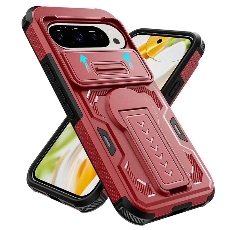 Phone Case For Google Pixel 10 Pro  /  10  /  9 Pro  /  9 Case Slide Lens Shield PC + TPU Kickstand Phone Cover - Red