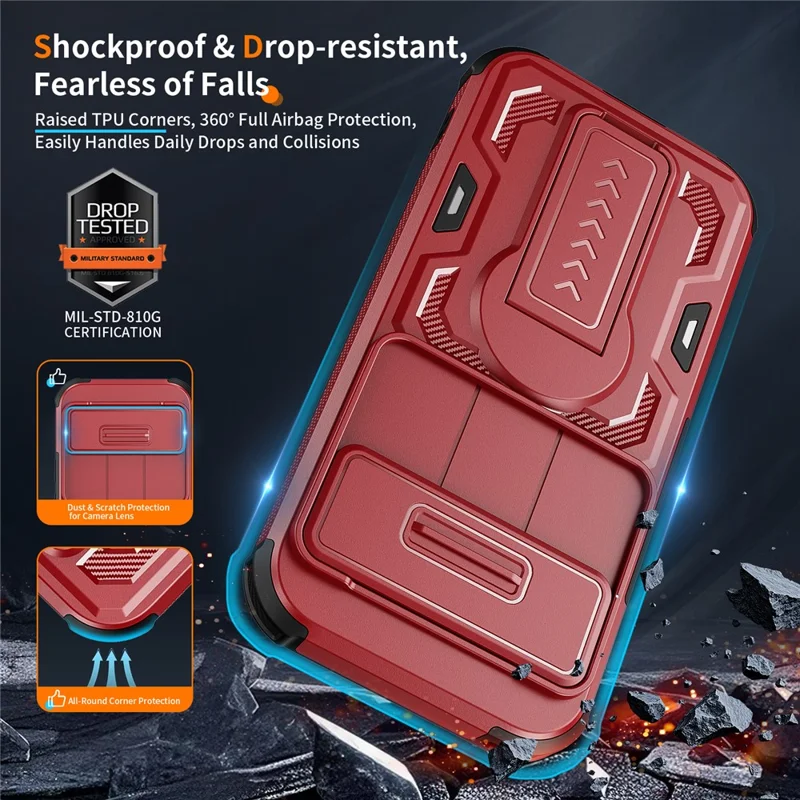 Phone Case For Google Pixel 10 Pro  /  10  /  9 Pro  /  9 Case Slide Lens Shield PC + TPU Kickstand Phone Cover - Red