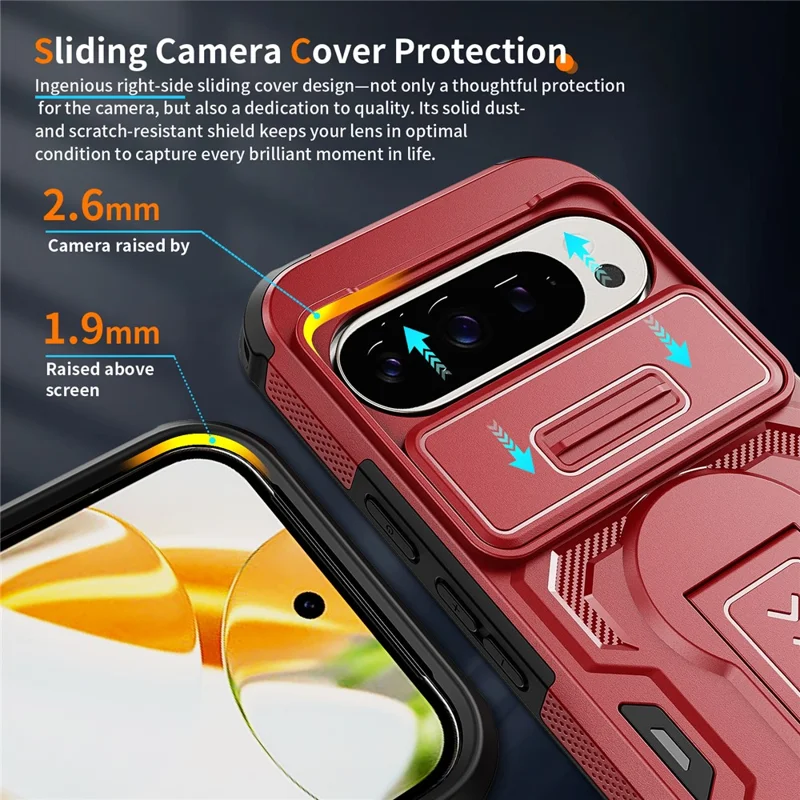 Phone Case For Google Pixel 10 Pro  /  10  /  9 Pro  /  9 Case Slide Lens Shield PC + TPU Kickstand Phone Cover - Red