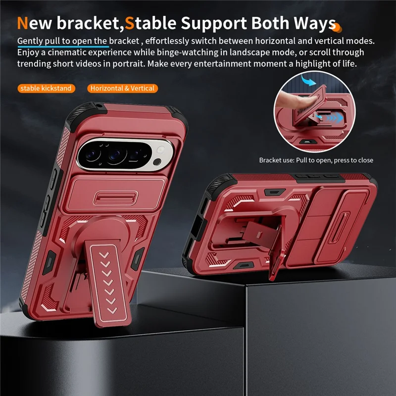 Phone Case For Google Pixel 10 Pro  /  10  /  9 Pro  /  9 Case Slide Lens Shield PC + TPU Kickstand Phone Cover - Red