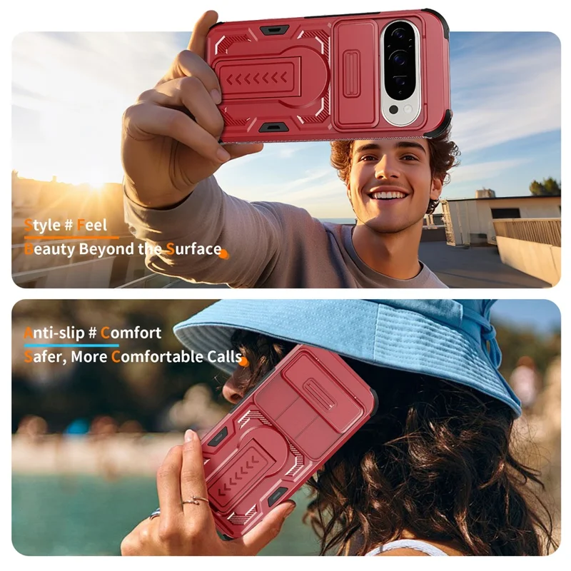Phone Case For Google Pixel 10 Pro  /  10  /  9 Pro  /  9 Case Slide Lens Shield PC + TPU Kickstand Phone Cover - Red
