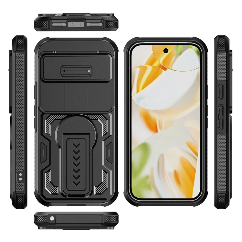 Phone Case For Google Pixel 10 Pro  /  10  /  9 Pro  /  9 Case Slide Lens Shield PC + TPU Kickstand Phone Cover - Black