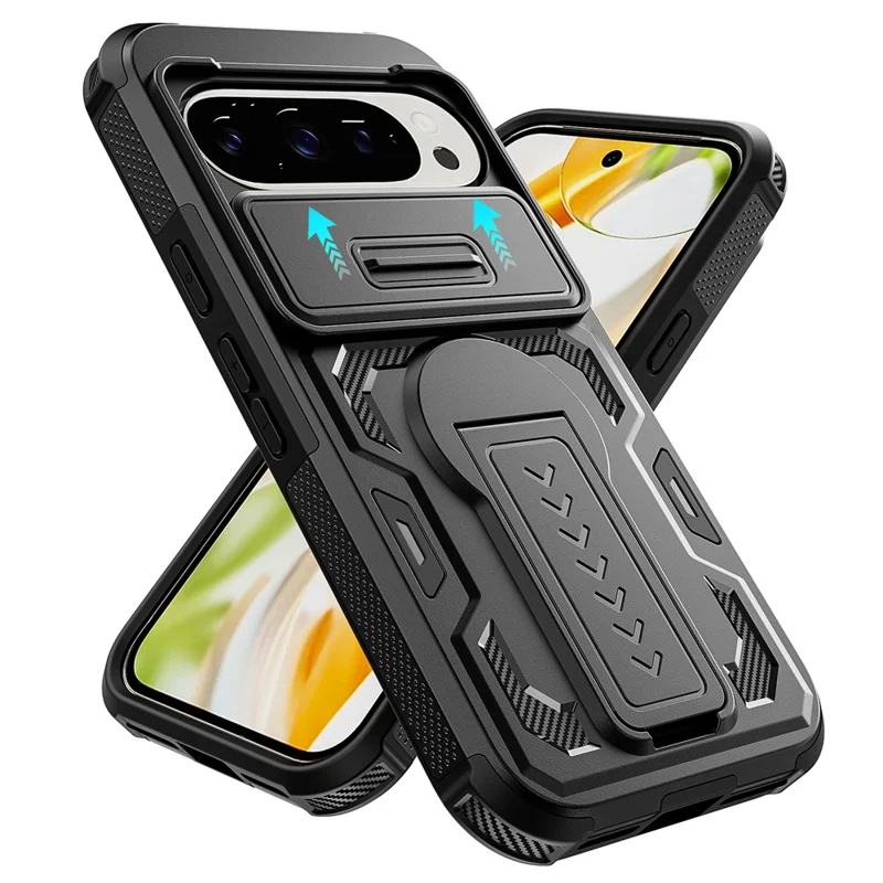 Phone Case For Google Pixel 10 Pro  /  10  /  9 Pro  /  9 Case Slide Lens Shield PC + TPU Kickstand Phone Cover - Black
