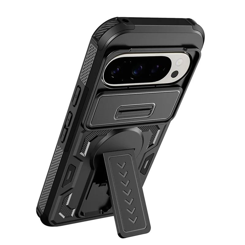 Phone Case For Google Pixel 10 Pro  /  10  /  9 Pro  /  9 Case Slide Lens Shield PC + TPU Kickstand Phone Cover - Black