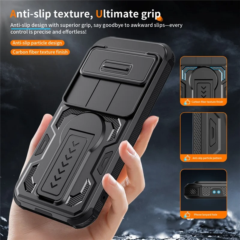 Phone Case For Google Pixel 10 Pro  /  10  /  9 Pro  /  9 Case Slide Lens Shield PC + TPU Kickstand Phone Cover - Black