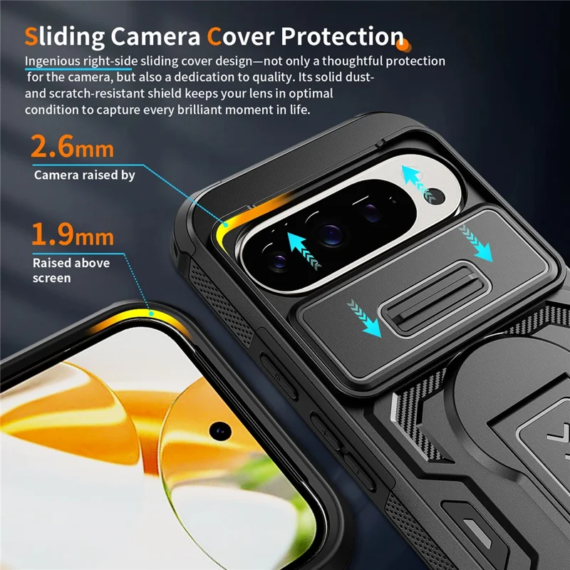 Phone Case For Google Pixel 10 Pro  /  10  /  9 Pro  /  9 Case Slide Lens Shield PC + TPU Kickstand Phone Cover - Black