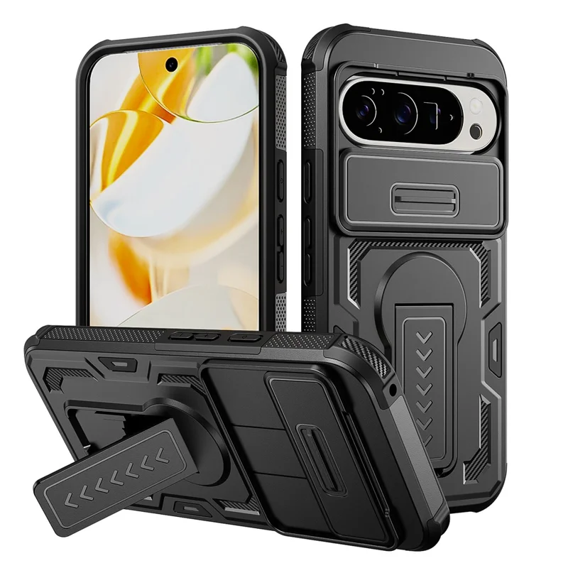 For Google Pixel 10 Pro XL Case Slide Lens Shield PC + TPU Kickstand Phone Cover - Black