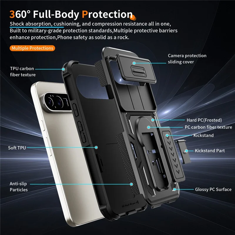 For Google Pixel 10 Pro XL Case Slide Lens Shield PC + TPU Kickstand Phone Cover - Black