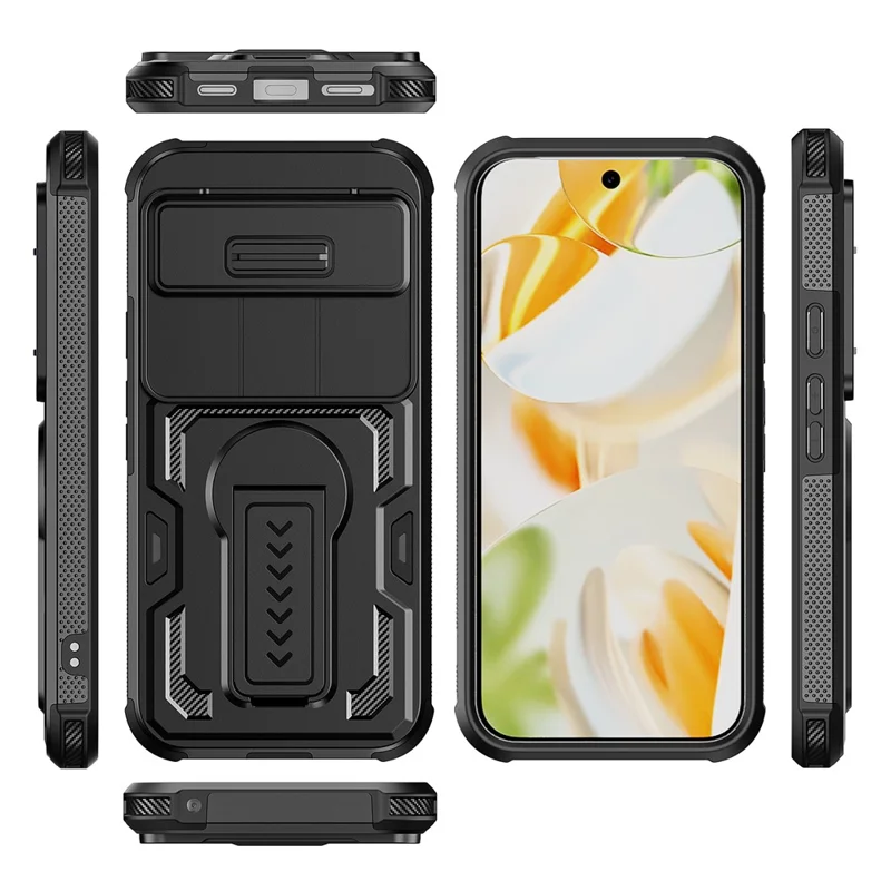 For Google Pixel 10 Pro XL Case Slide Lens Shield PC + TPU Kickstand Phone Cover - Black
