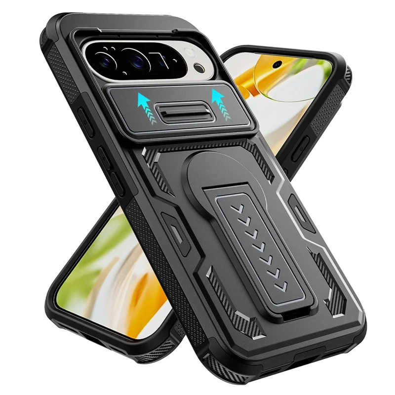 For Google Pixel 10 Pro XL Case Slide Lens Shield PC + TPU Kickstand Phone Cover - Black