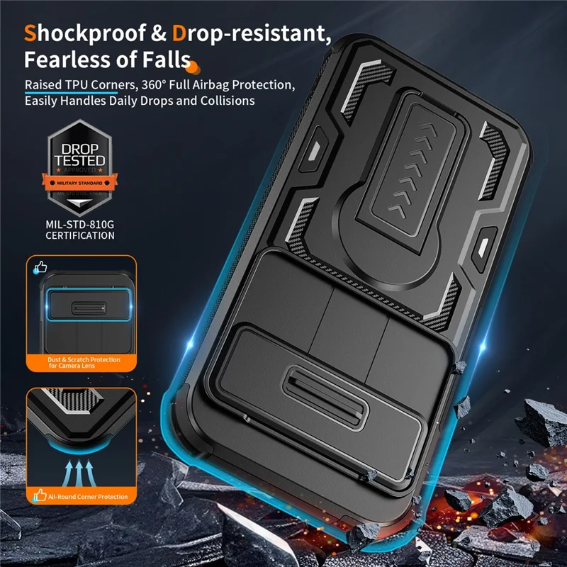 For Google Pixel 10 Pro XL Case Slide Lens Shield PC + TPU Kickstand Phone Cover - Black