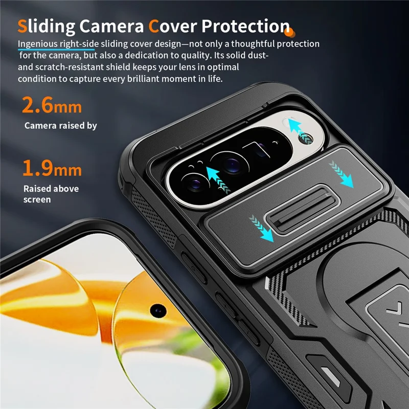 For Google Pixel 10 Pro XL Case Slide Lens Shield PC + TPU Kickstand Phone Cover - Black