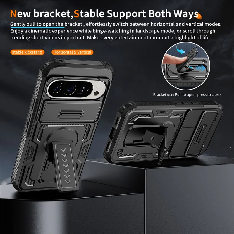 For Google Pixel 10 Pro XL Case Slide Lens Shield PC + TPU Kickstand Phone Cover - Black