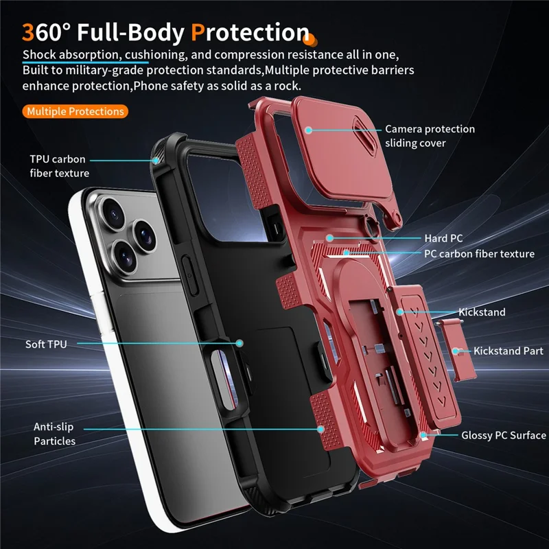 For iPhone 17 Pro Case Slide Lens Shield PC + TPU Kickstand Phone Cover - Red