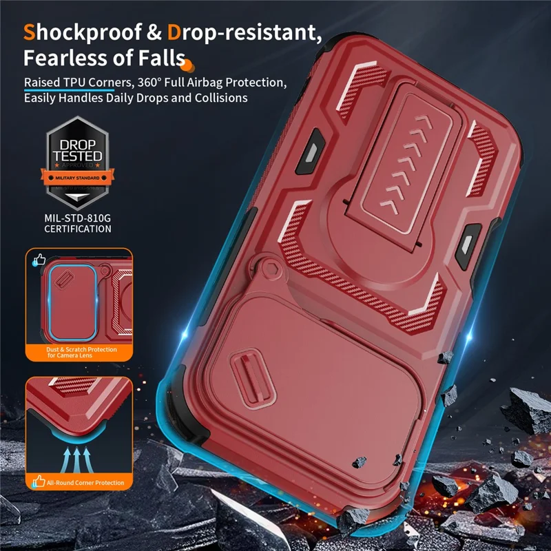 For iPhone 17 Pro Case Slide Lens Shield PC + TPU Kickstand Phone Cover - Red
