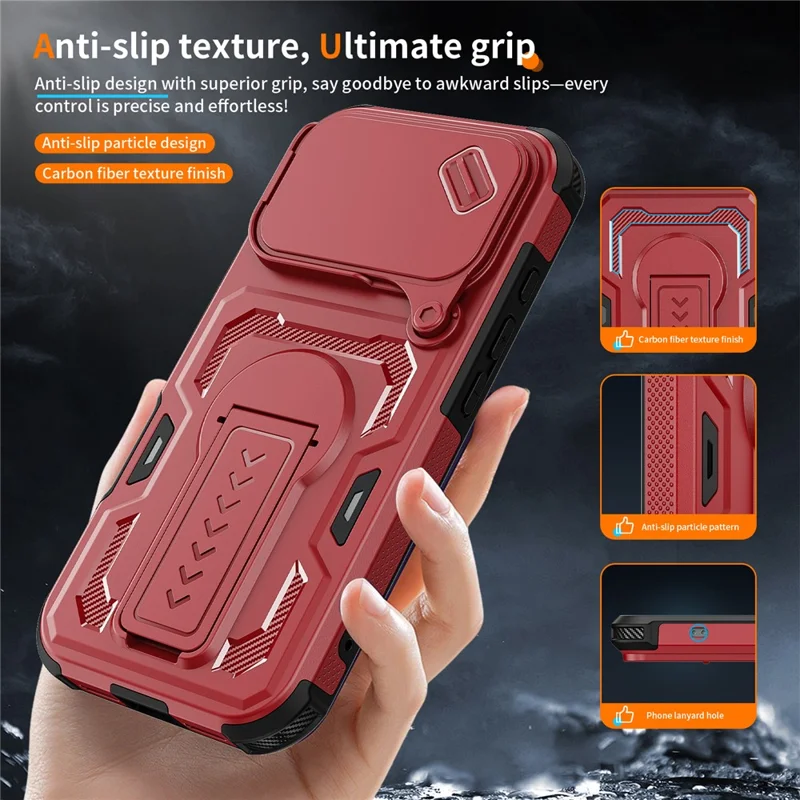 For iPhone 17 Pro Case Slide Lens Shield PC + TPU Kickstand Phone Cover - Red