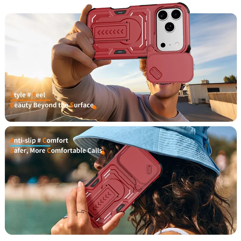 For iPhone 17 Pro Case Slide Lens Shield PC + TPU Kickstand Phone Cover - Red