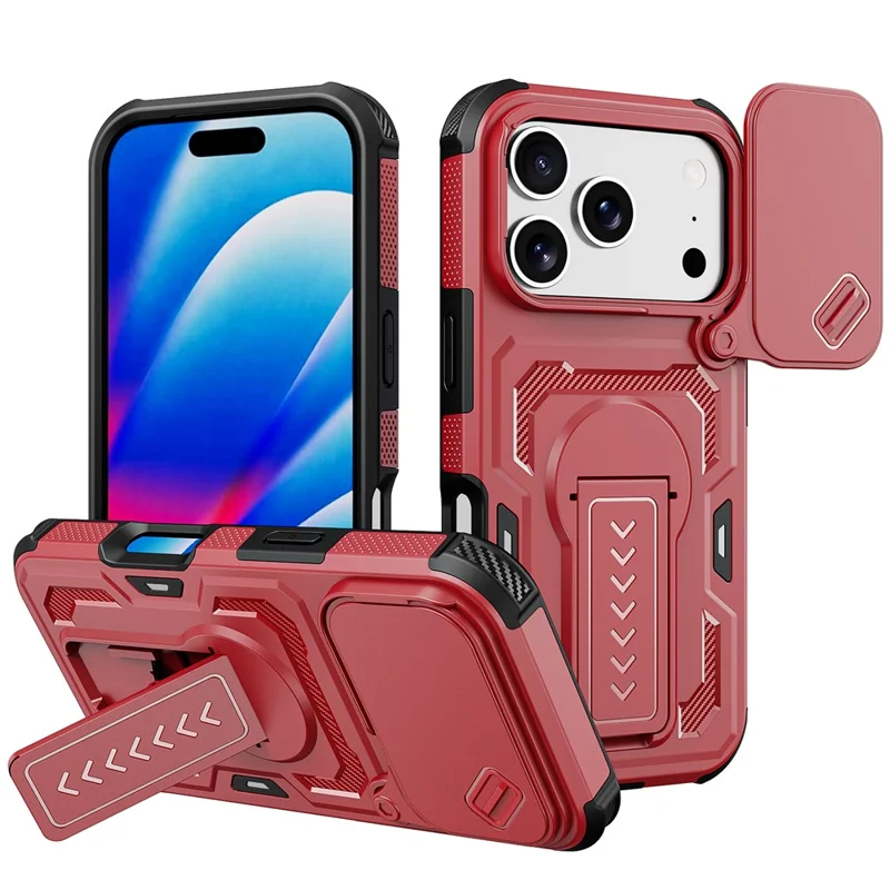 For iPhone 17 Pro Max  /  16 Pro Max Case Slide Lens Shield PC + TPU Kickstand Phone Cover - Red