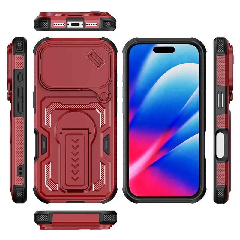 For iPhone 17 Pro Max  /  16 Pro Max Case Slide Lens Shield PC + TPU Kickstand Phone Cover - Red