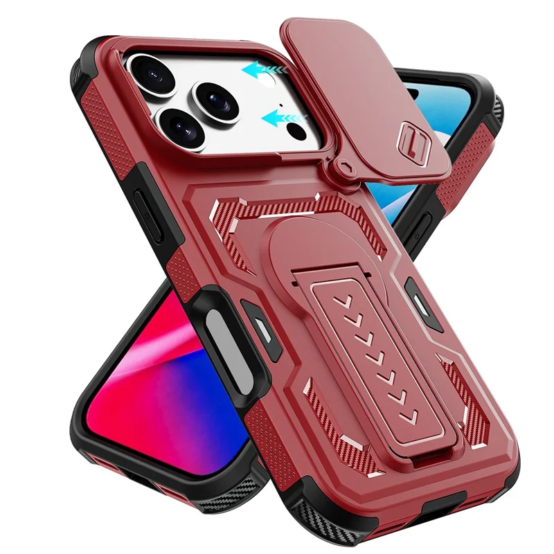 For iPhone 17 Pro Max  /  16 Pro Max Case Slide Lens Shield PC + TPU Kickstand Phone Cover - Red