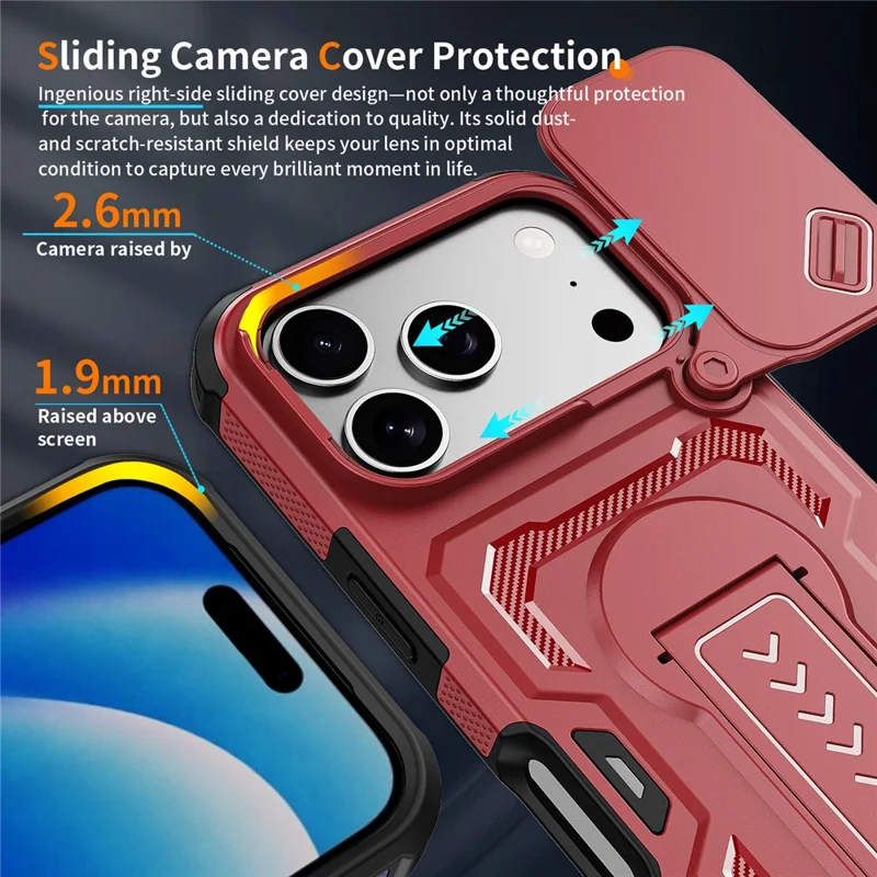 For iPhone 17 Pro Max  /  16 Pro Max Case Slide Lens Shield PC + TPU Kickstand Phone Cover - Red
