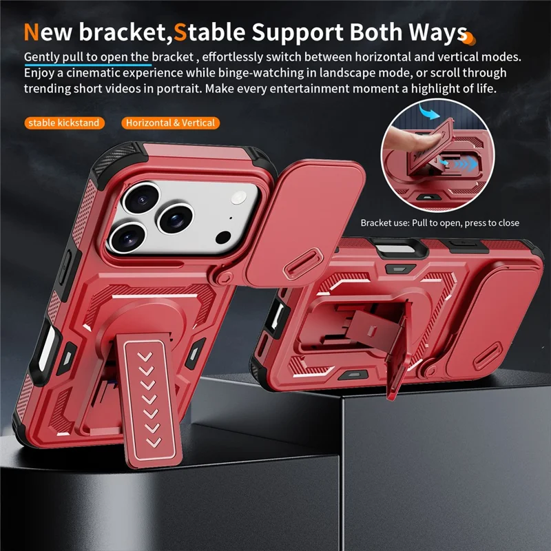 For iPhone 17 Pro Max  /  16 Pro Max Case Slide Lens Shield PC + TPU Kickstand Phone Cover - Red