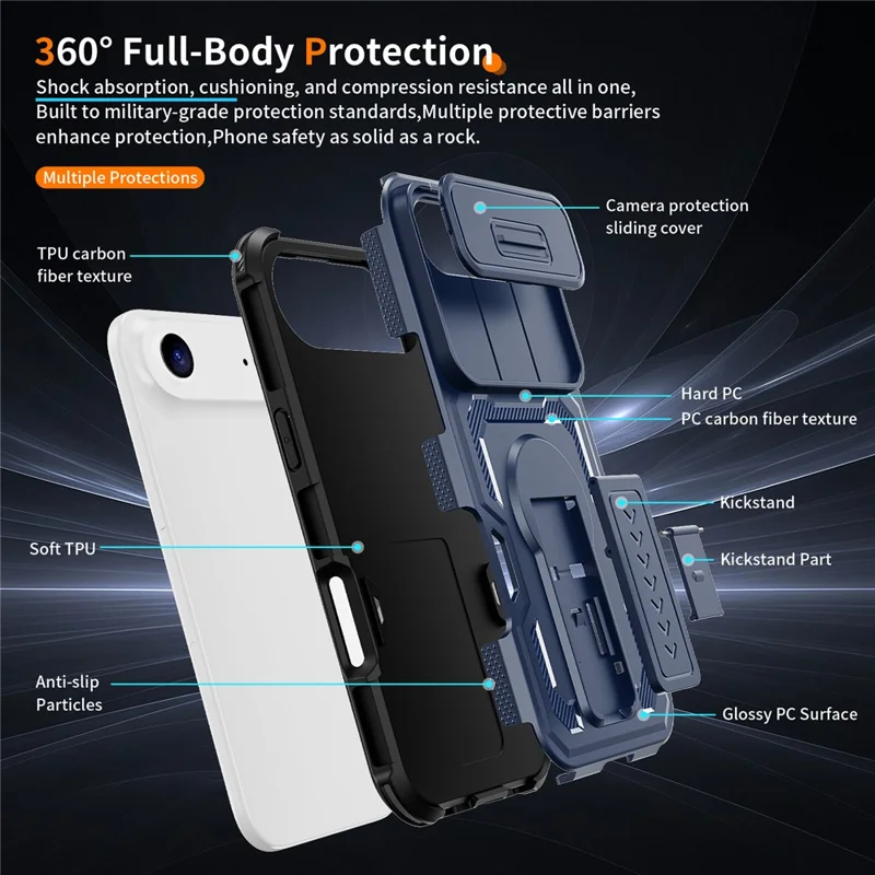 For iPhone Air Case Slide Lens Shield PC + TPU Kickstand Phone Cover - Blue