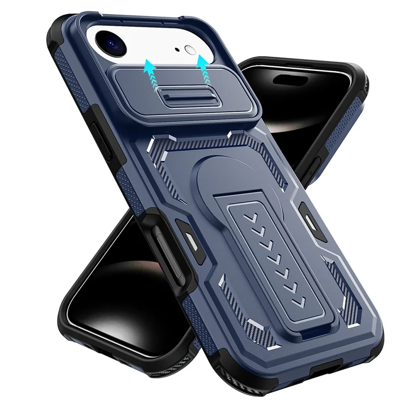 For iPhone Air Case Slide Lens Shield PC + TPU Kickstand Phone Cover - Blue