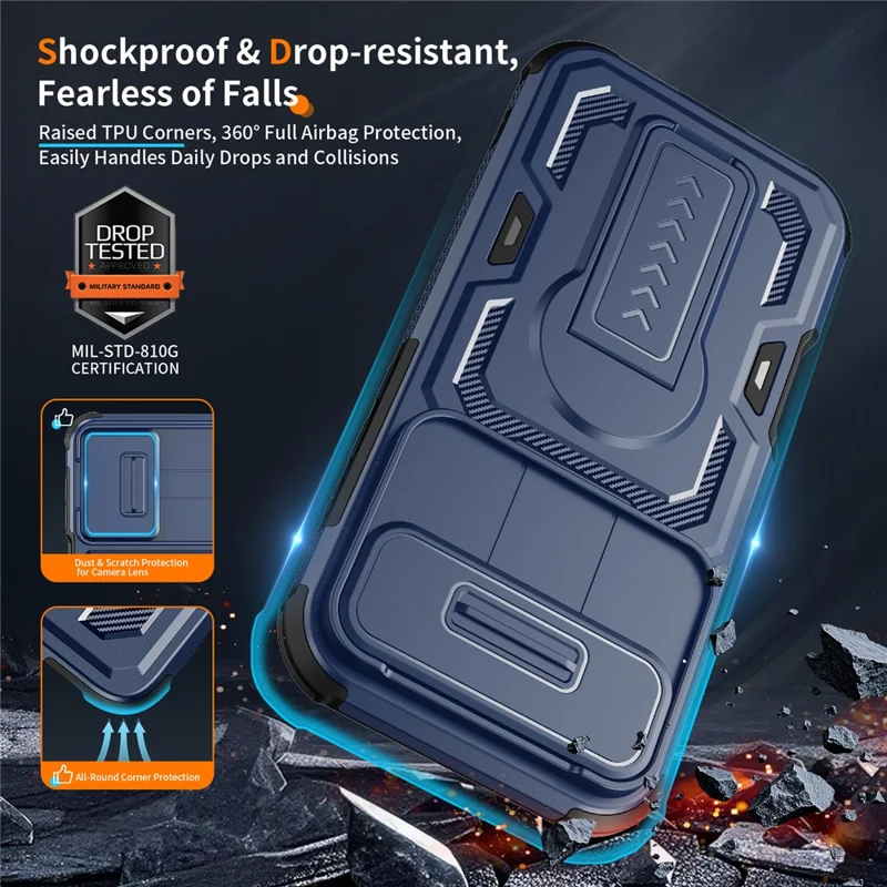 For iPhone Air Case Slide Lens Shield PC + TPU Kickstand Phone Cover - Blue