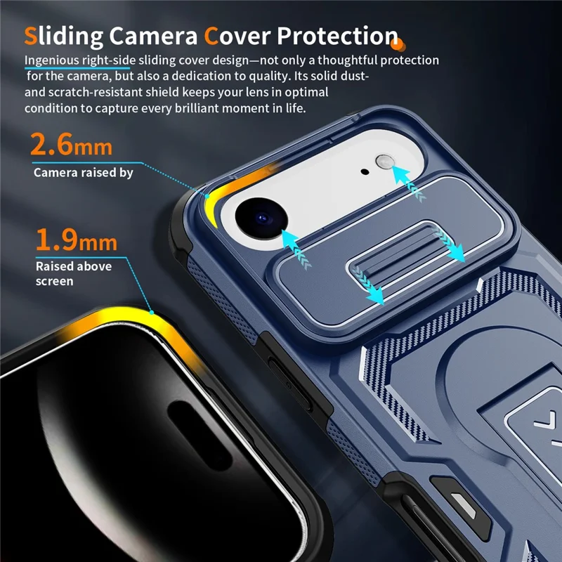 For iPhone Air Case Slide Lens Shield PC + TPU Kickstand Phone Cover - Blue