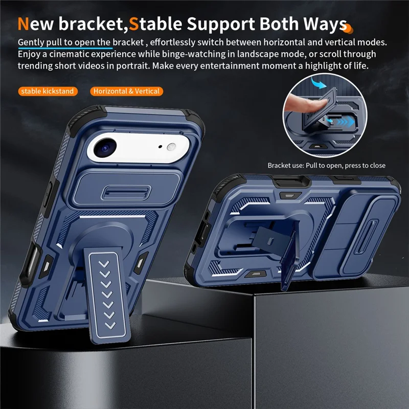 For iPhone Air Case Slide Lens Shield PC + TPU Kickstand Phone Cover - Blue