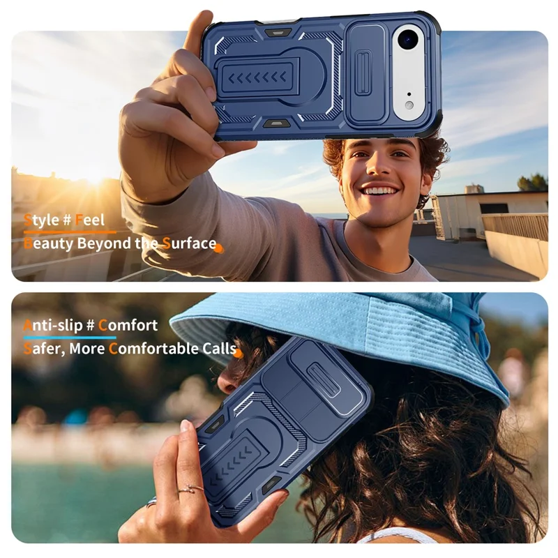 For iPhone Air Case Slide Lens Shield PC + TPU Kickstand Phone Cover - Blue