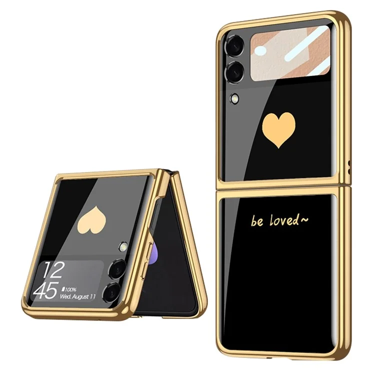GKK Pour Samsung Galaxy Z Flip4 Modèle 5G Impression Électroplée Couverture Arrière Verre Tempérée + PC Hard PC Small Screen Protection Full Protection Téléphone Pliant - Aimer / le Noir