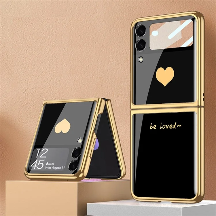 GKK Pour Samsung Galaxy Z Flip4 Modèle 5G Impression Électroplée Couverture Arrière Verre Tempérée + PC Hard PC Small Screen Protection Full Protection Téléphone Pliant - Aimer / le Noir