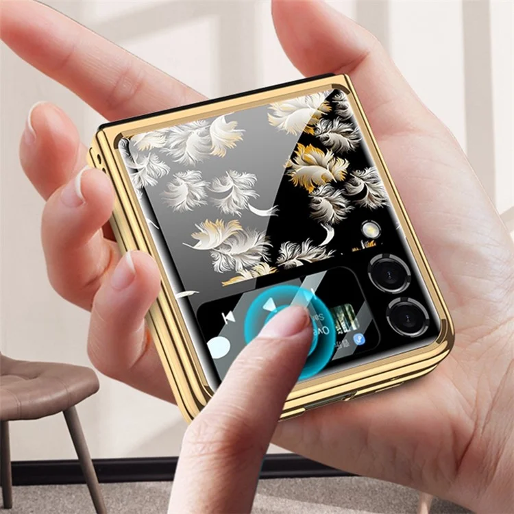 GKK Pour Samsung Galaxy Z Flip4 Modèle 5G Impression Électroplée Couverture Arrière Verre Tempérée + PC Hard PC Small Screen Protection Full Protection Téléphone Pliant - Aimer / le Noir