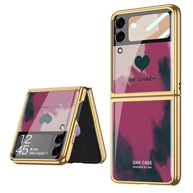 GKK For Samsung Galaxy Z Flip4 5G Pattern Printing Electroplated Back Cover Tempered Glass + Hard PC Small Screen Film Full Protection Folding Phone Case - Berry / Love