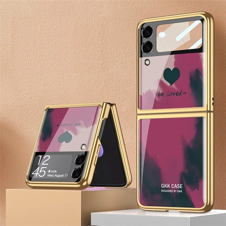 GKK For Samsung Galaxy Z Flip4 5G Pattern Printing Electroplated Back Cover Tempered Glass + Hard PC Small Screen Film Full Protection Folding Phone Case - Berry / Love