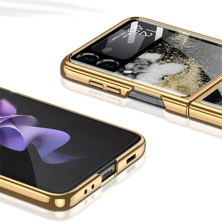 GKK For Samsung Galaxy Z Flip4 5G Pattern Printing Electroplated Back Cover Tempered Glass + Hard PC Small Screen Film Full Protection Folding Phone Case - Berry / Love