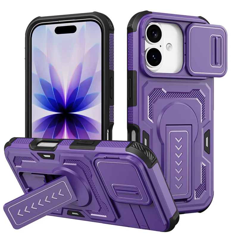 For iPhone 17  /  16 Pro Case Slide Lens Shield PC + TPU Kickstand Phone Cover - Purple