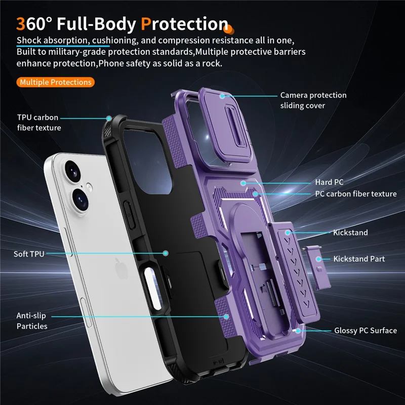For iPhone 17  /  16 Pro Case Slide Lens Shield PC + TPU Kickstand Phone Cover - Purple