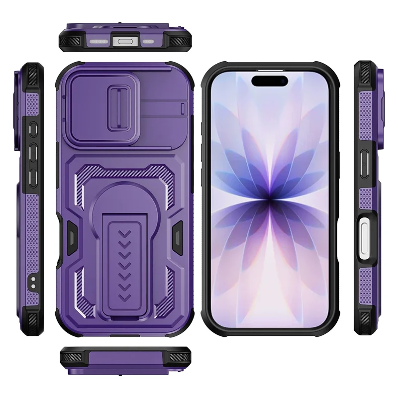 For iPhone 17  /  16 Pro Case Slide Lens Shield PC + TPU Kickstand Phone Cover - Purple